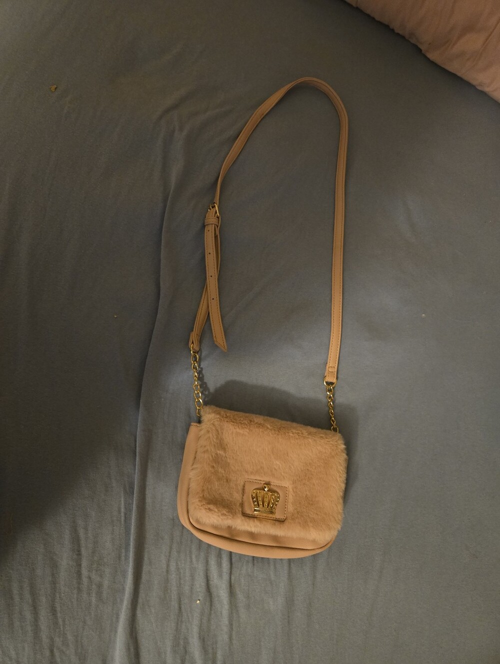 Faux Fur Crossbody Bag in Light Pink with Gold Accent